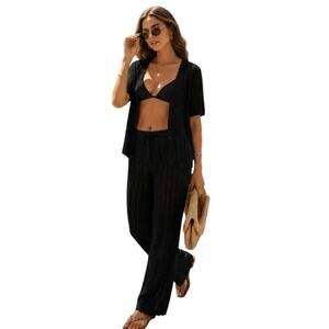 NWT Black Crochet Knit 2 Piece Cover Up Set Wide Leg Pants Cardigan Medium